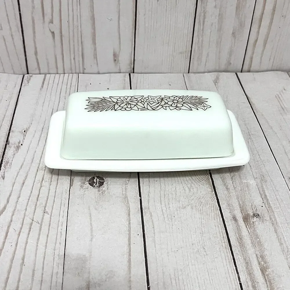 Vintage Pyrex 72-B Woodland 2 Pc Butter Dish Set w/ Lid Milk Glass Rectangle MCM